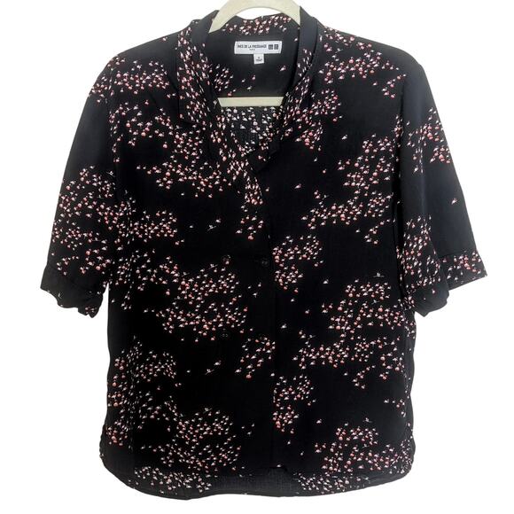 Ines de La Fressange Uniqlo Black Pink Flamingo Print Button Down Top Small - Picture 1 of 4